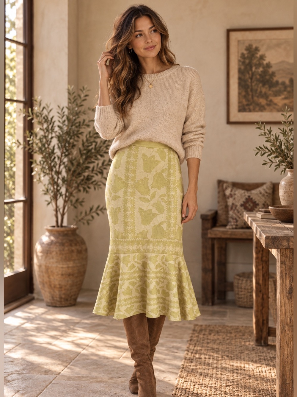 16. Misa Los Angeles Floral Jacquard Midi Skirt in Light Green size XS